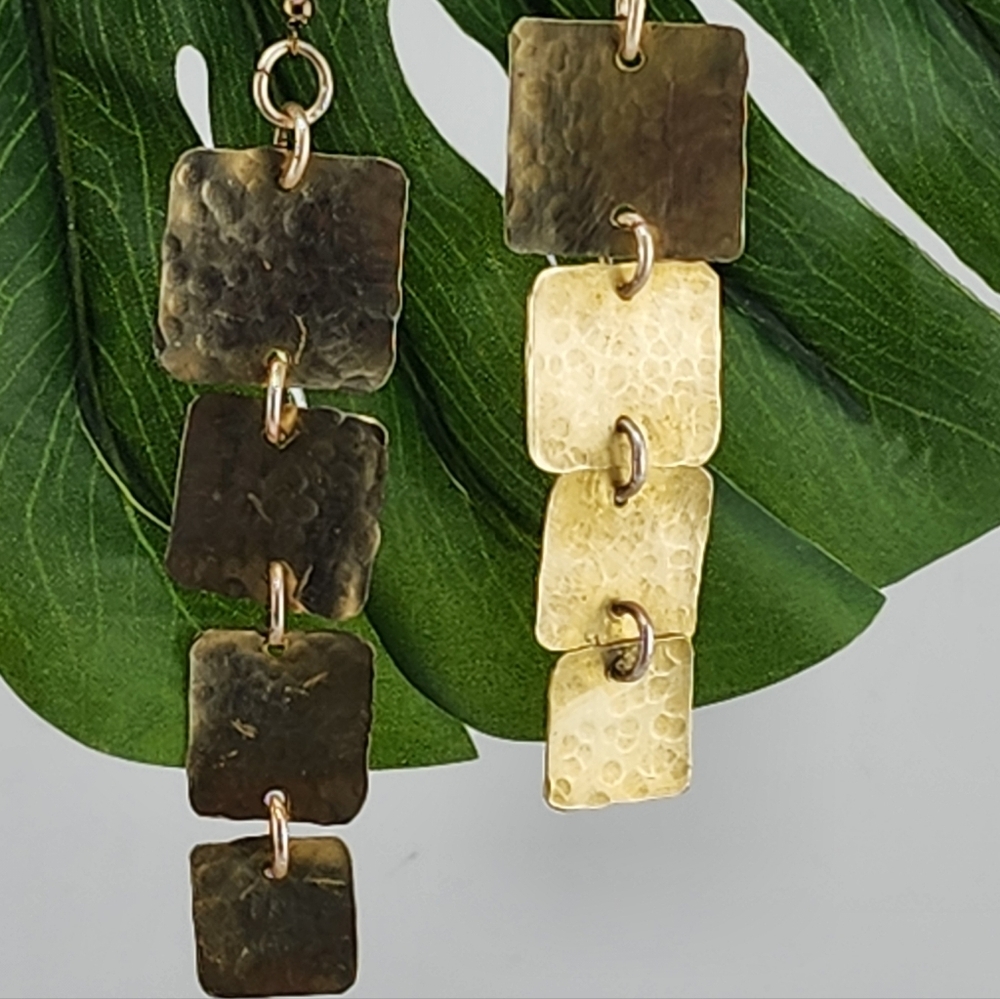 BRASS EARRINGS HANDMADE HAMMERED FOR TEXTURE DANGLING STYLE - Picture 5 of 9